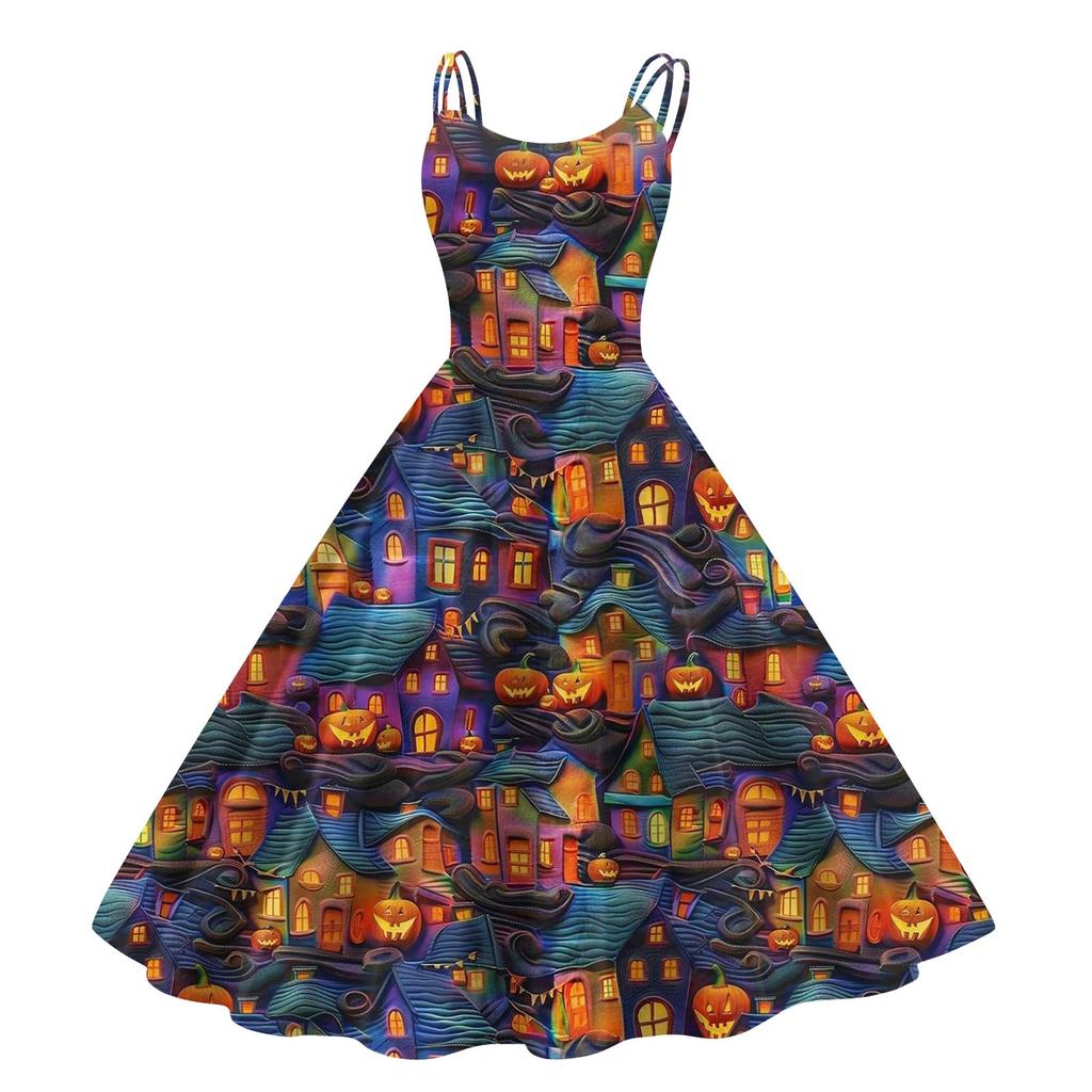 Women's Fashion Casual Halloween Print Sexy Off Shoulder Punk Retro Dress
