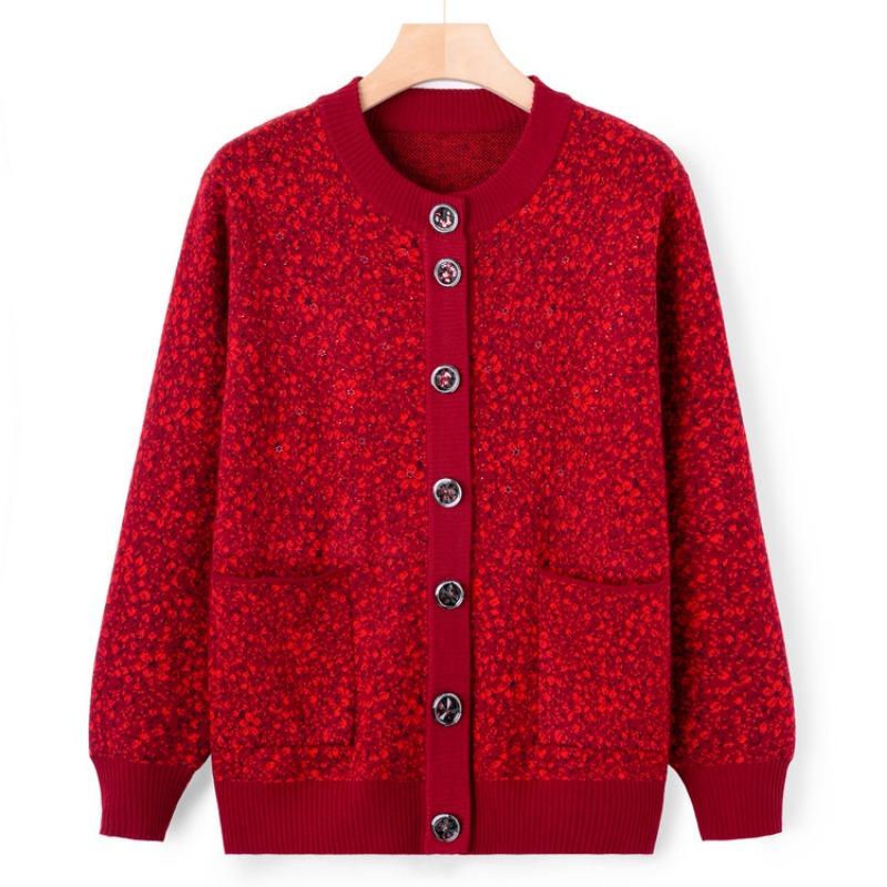 Middle-aged Knitted Sweater Jacket Autumn and Winter New Mother Floral Sweater Grandma Autumn Cardigan Top