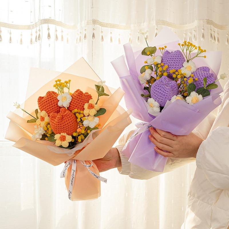 Crochet Flowers Bouquet Knitted Flower Artificial Hand Woven Flower Wedding Gift for Guests Teacher's Day Gift Graduation Flower