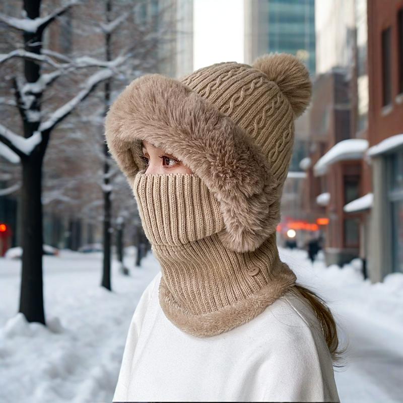 Twist Striped Knitted Hat, Bib, One-piece Plus Velvet Kit, Warm Ears, Neck Protection, Cold Wave Protection