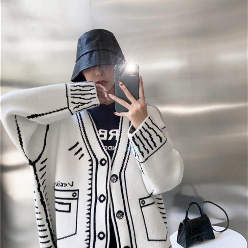 Graffiti Casual Knitted Sweater Cardigan Women New Autumn and Winter Long Sleeve Loose Women's Cardigans Jacket V Neck Vintage Pockets Sweaters 25290