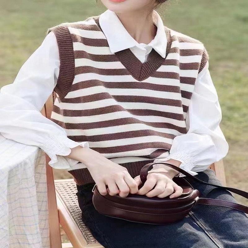 WTEMPO Women's Autumn Winter Preppy Style Knitwear Sleeveless Pullovers Solid Color Casual Sweaters V-neck Knitted Vests