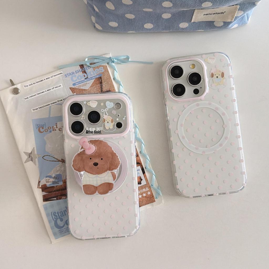 Korean-Style Pink Polka Dot iPhone 17/16/15 Case with Brown Puppy Stand, Compatible with 17 Pro Max for Women