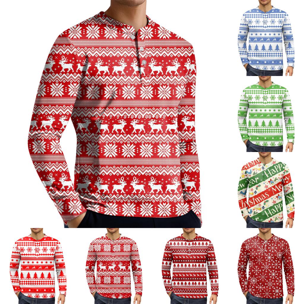 Men's Casual Button-Down Sweatshirt Fashion Printed Long Sleeve Shirt Pullover