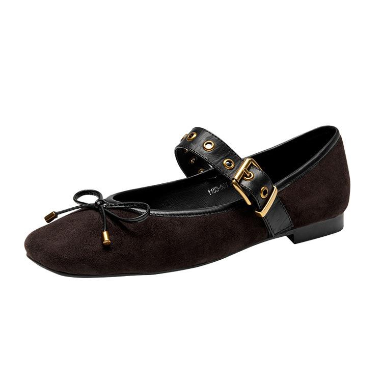 Sheepskin flat-soled single shoes new one-word belt super soft Mary Jane women's shoes bow soft-soled grandma shoes