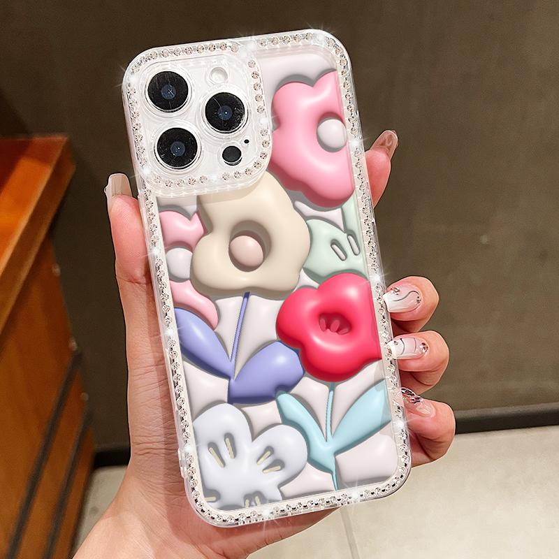 Crystal Diamond Oil Painting Flower Clear Case For iPhone 16e 16 14 15 Pro Max 13 12 Pro Max 11 Soft Silicone Phone Cover Coque