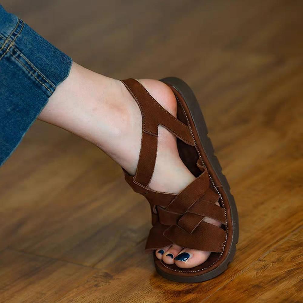 

Повседневная обувь в стиле ретро для женщин 2025 Новая летняя горячая распродажа Женские сандалии Ремешок с пряжкой Открытый носок Плоская подошва Повседневные сандалии 40 коричневый