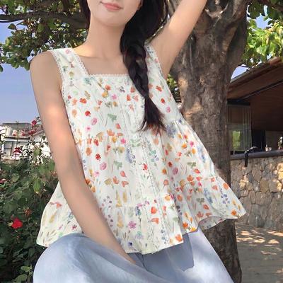Canottiere Estive Casual da Donna con Scollo Quadrato e Stampa Floreale Senza Maniche