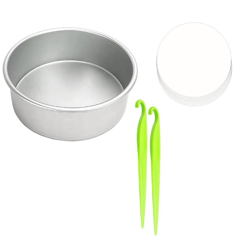 Cake Molds Set with 2Pcs Aluminum Alloy Mini Cake Tins Baking Pan and 50Pcs Paper Liners, 2Pcs Demold Tool for Birthday Cakes, Cheesecakes, and Home