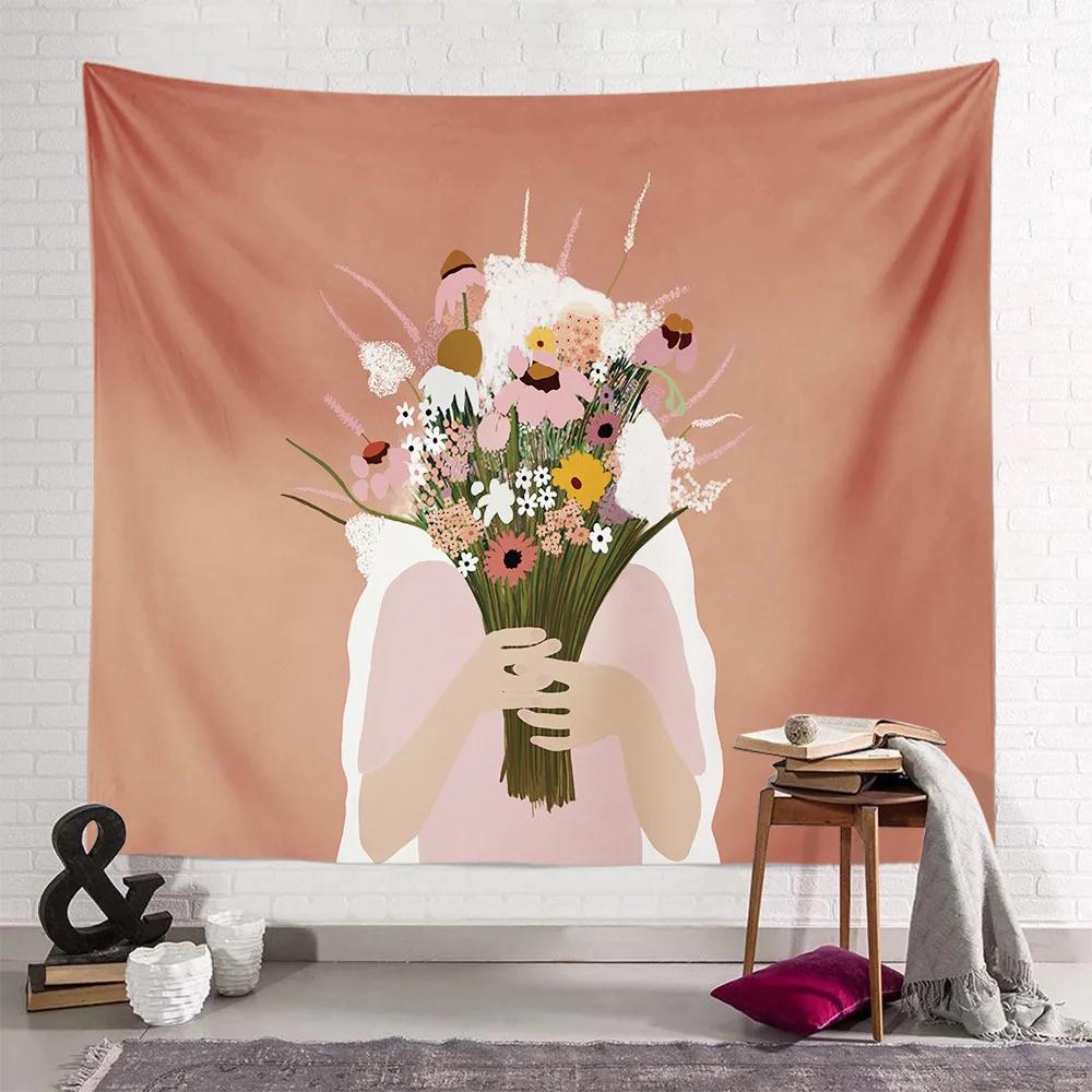

Pink Tapestry Home Decor Painting Cartoon Simple Style Stick Figure Tapestry Wall Hanging for Living Room Bedroom Dorm Tapestry 74x94cm(29x37in)