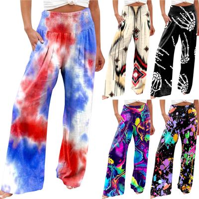High Waisted Pants For Women Printed Stretchy Wide Leg Palazzo Pants Casual Comfy Beach Pants Trousers