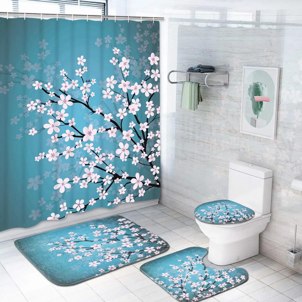Cherry Blossoms Print Fabric Shower Curtains Bathroom Curtain Set Flower Anti-Skid Rugs Carpet Toilet Lid Cover Bath Mat Sets
