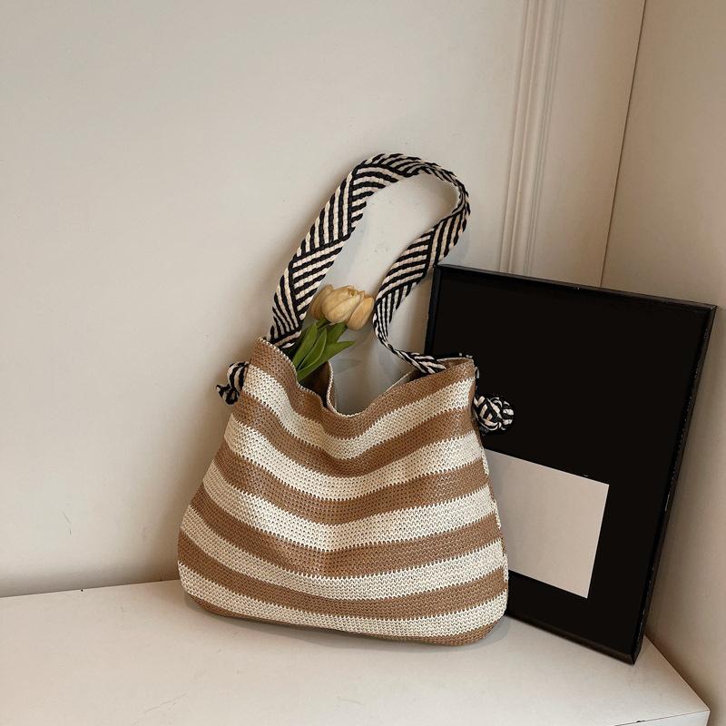 

Yogodlns Women s Large Capacity Casual Tote Bag Summer Beach Woven Handmade Contract Color Stripe Shoulder Bag For Travel, Shopping, Daily Use 38x10x31cm хаки