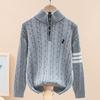 Kids' Striped Knit Zip-Up Sweater - Half High Collar, Fleece-Lined for Autumn/Winter