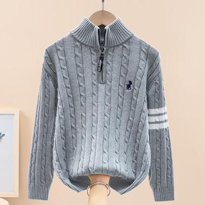 Kids' Striped Knit Zip-Up Sweater - Half High Collar, Fleece-Lined for Autumn/Winter