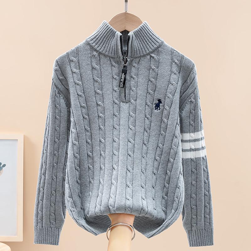 

Kids Striped Knit Zip-Up Sweater - Half High Collar, Fleece-Lined for Autumn/Winter 150cm