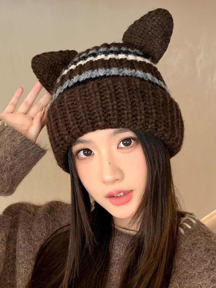 Winter Women Cute Cat Ears Stretchy Hats Fashion Warm Beanie Hat Striped Knitted Handmade Adult Cover Head Caps Casual New