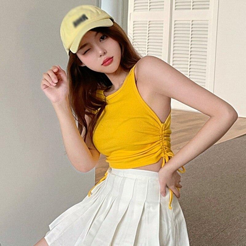 Tied With Pleated Strap Vest Female Summer Temperament Short Paragraph Lumbar Slim Tank Top