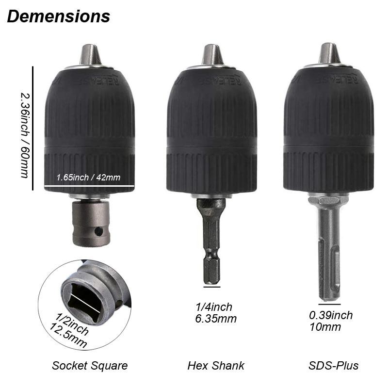 Keyless Drilling Chuck 2-13mm Converter 1/2"-20UNF Thread Quick Change Adapter SDS 1/4" Hex Impact Driver Wrench Drill Bit