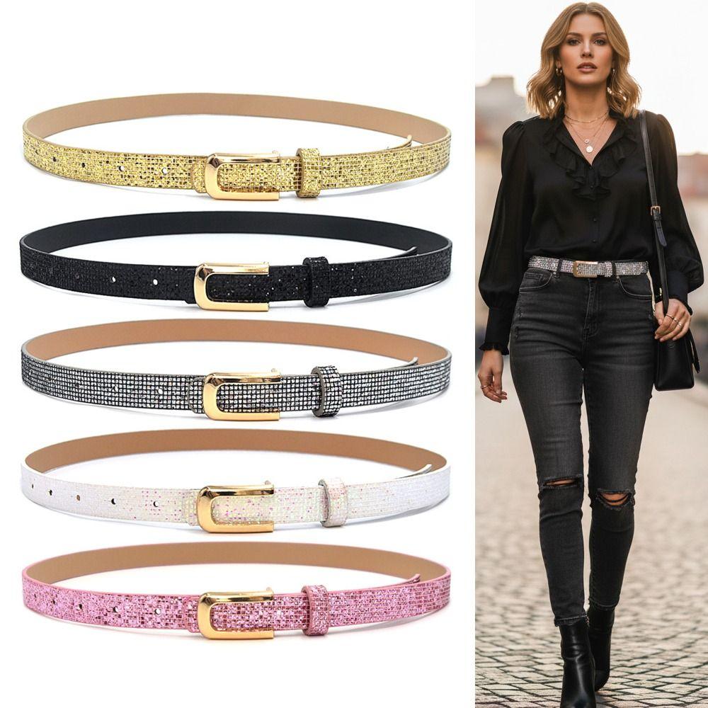 Bling Bling Sparkling Rhinestone Belt Versatile Luxury Brand Design U-shaped Buckle Belt Vintage Glitter PU Leather Belt