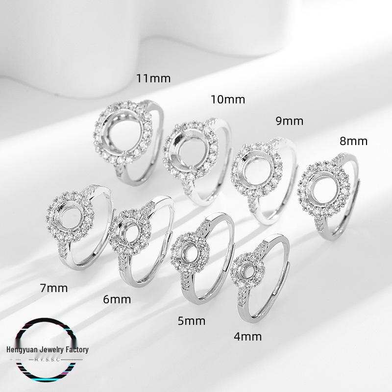 Women's Full Diamond Imitation Ring, Round Egg-Shaped Copper Mount, DIY Inlay, S925 Silver Finish