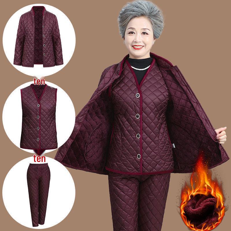 Warm Velvet Cotton Suit for Mom and Grandma: Autumn/Winter Three-Piece Set for Mature Women