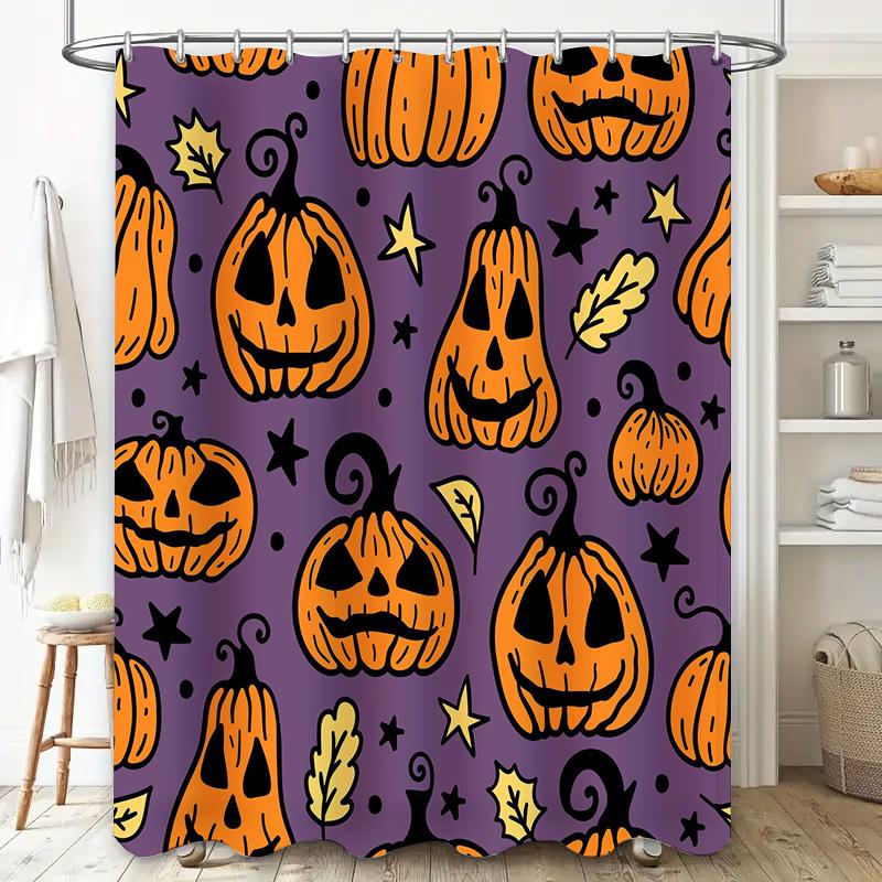 Halloween Dekorative Duschvorhang Orange Kürbis Design mit Sternen, Schwarze Furchterregende Augen Mund, Lila Hintergrund Wasserdicht
