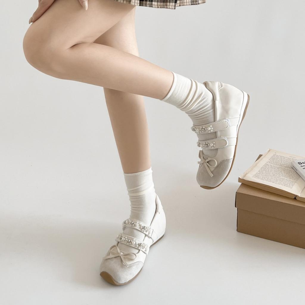 Ballet Dream Silver Sports Mary Jane Shoes Women's Pearl Baotou Sandals Spring and Summer French Bow Shoes