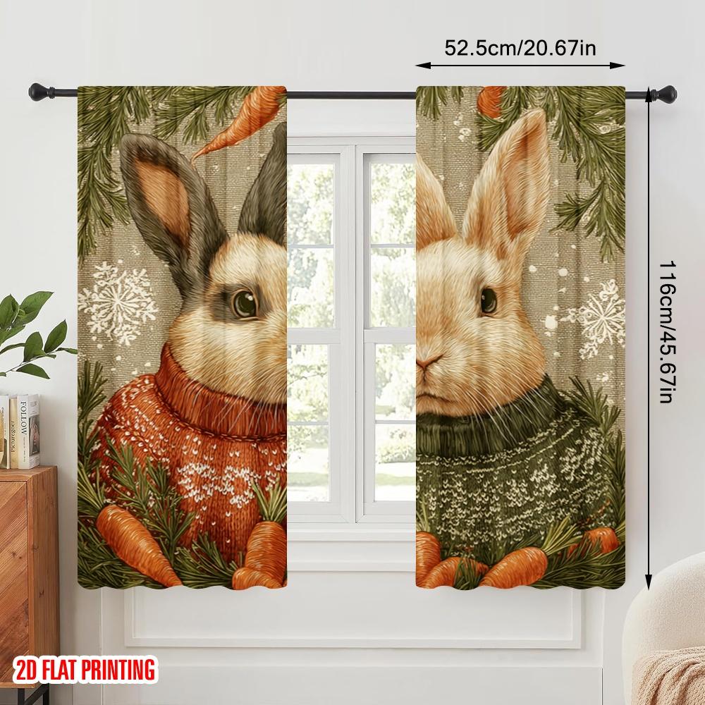 2pcs,2D Plane Printing Popular Curtain Panels Rabbit with Pine Branches & Snowflakes Versatile Durable Polyester (without Rod)