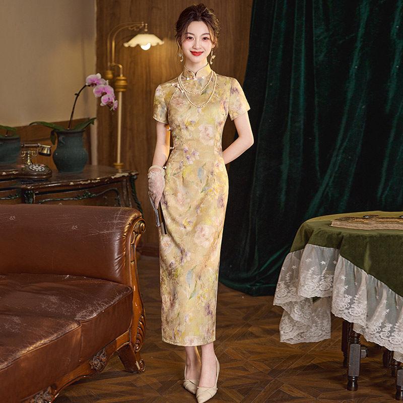 Yellow national style new Chinese style Suzhou daily long cheongsam improved young 1011 new women's high-end catwalk