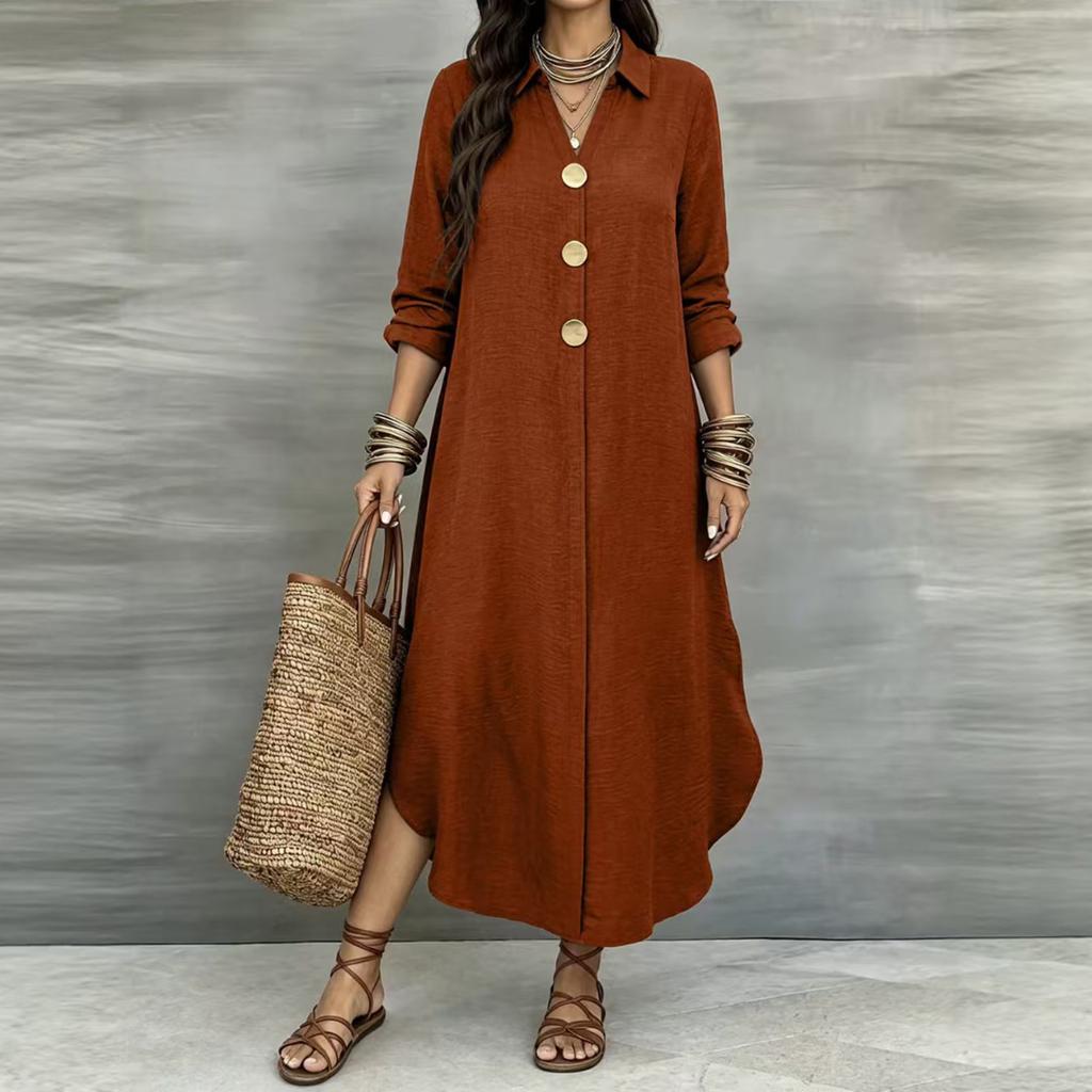 Women's Casual Color Long Sleeve Button Down Shirt Dress for Everyday Wear