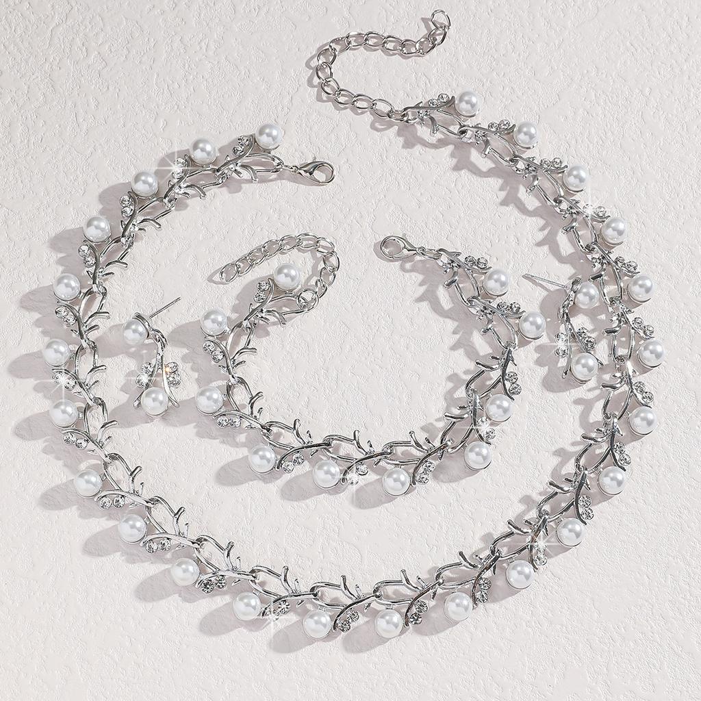 Pearl Necklace Set Women'S Alloy Diamond Necklace Earrings Bridal Premium Two-Piece Set