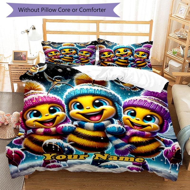 3pcs Custom Name Winter Bees Adventure Bedding Set Printed Bedding Set Duvet Cover Closure Includes 1 Duvet Cover & 2 Pillowcases Bedroom Decor
