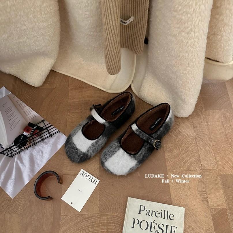 Inner Height Increase Leopard Print Mary Jane Fluffy Shoes Women Wear New Gray Woolen Single Shoes Thick-soled Velvet Cotton Shoes In Winter