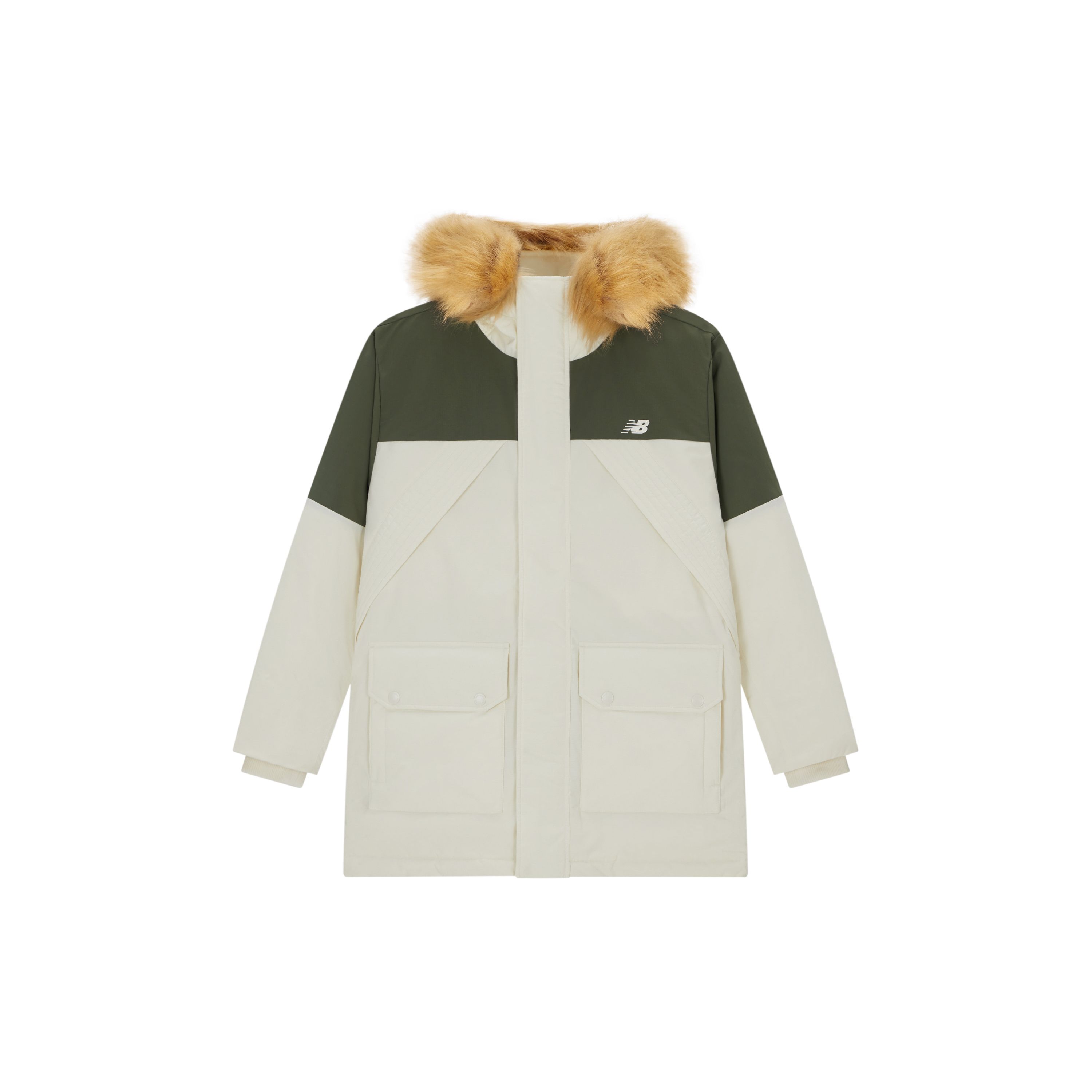 

Толстая теплая парка New Balance с цветовыми блоками, множеством карманов и большим меховым капюшоном, верхняя одежда унисекс, белый, зеленый AMJ34323-CIC