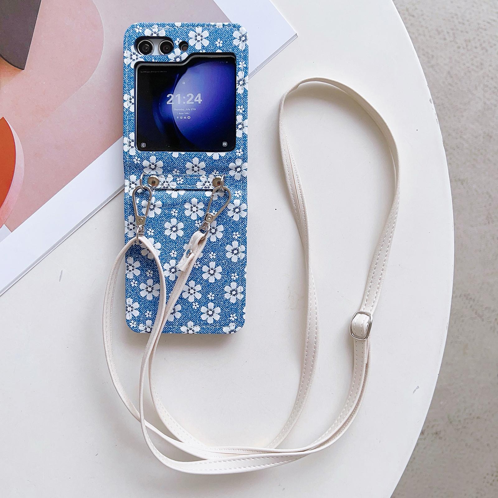 

For Samsung Galaxy Z Flip5 5G Case Flower Pattern Leather+PC Folding Phone Cover with Crossbody Strap Blue