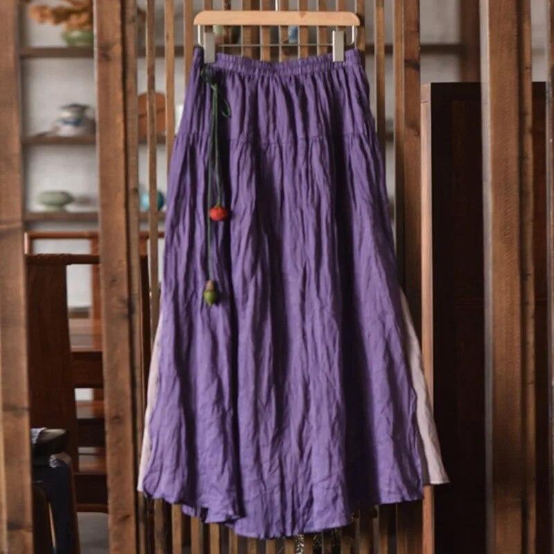 Johnature Women Vintage Skirts Elastic Waist Solid Color Clothes Spring Loose Patchwork Women Casual A-Line Skirts