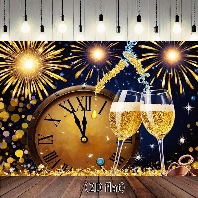 

2D New Year Midnight 2D Flat Banner, Vintage Clock & Fireworks Background 47.2x31.5inch/120*80cm