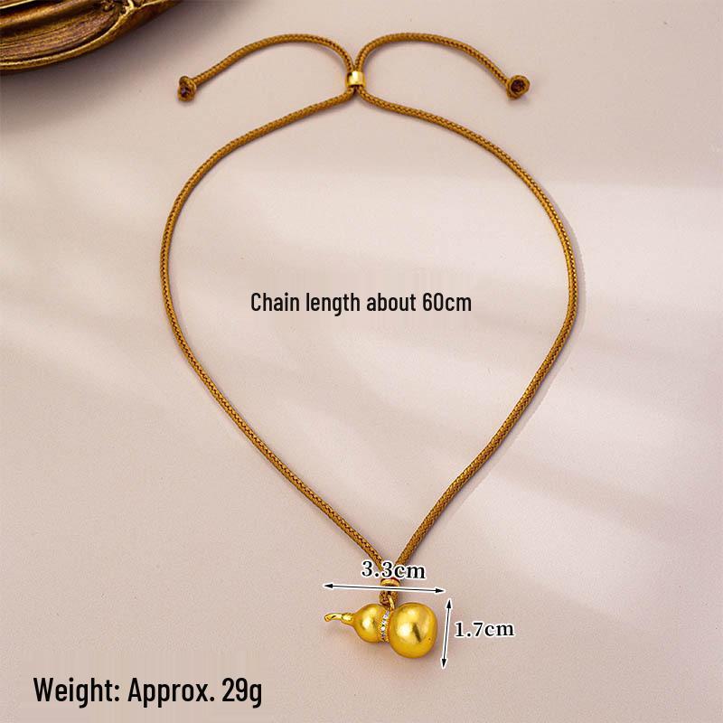 Retro Vietnamese Gold Gourd Necklace with Zircon Inlay - Versatile Pendant Chain for Men and Women