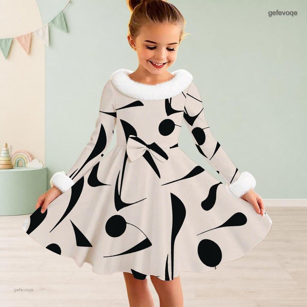 Girls High Neck Long Sleeve Blue White Printed A Line Flared Dress With Fur Trim And Bow