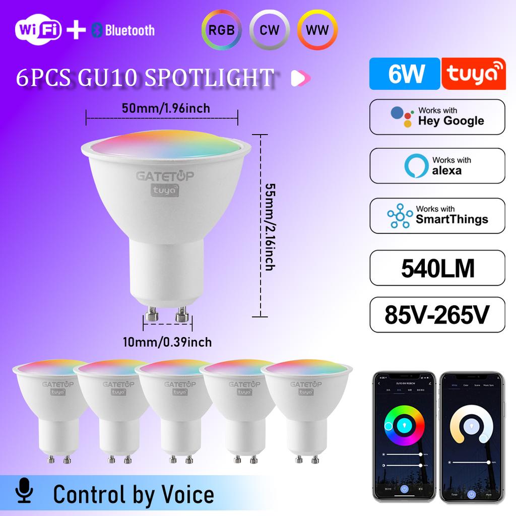 1-10Pcs Tuya GU10 WiFi LED Smart Bulb Dimmable 1-100% RGBCW Spotlight Smart Life APP Work with Alexa Google Home Voice Control