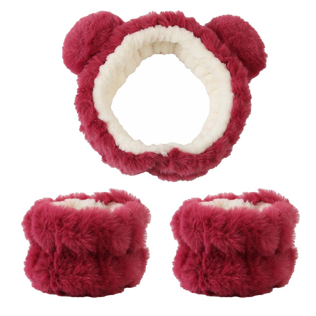 3pcs Cute Bear Headband Set Fluffy Makeup Headband for Face Wash, Face Mask, Skin Care Matching wristband