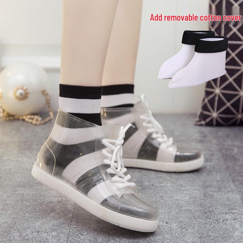 Jelly Transparent Non-Slip Waterproof Rain Boots for Women, Short Tube with Velvet Cotton, Fashionable Rubber Over Shoes for Summer.
