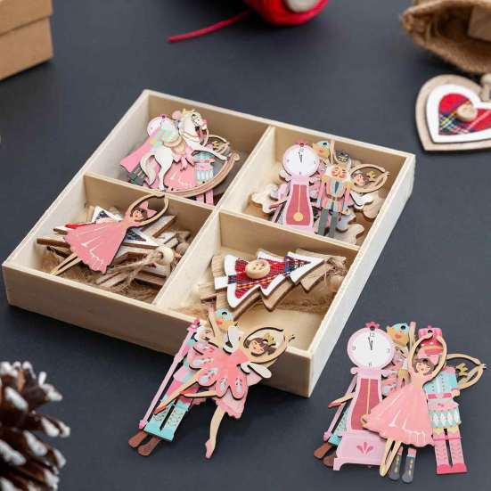 Handmade Christmas Tree Charms 10/20/30Pcs Nutcracker Wooden Ornaments, Pink Watercolor Hanging Decor with Cute Ornament Set for Kids Ballerina, Horse