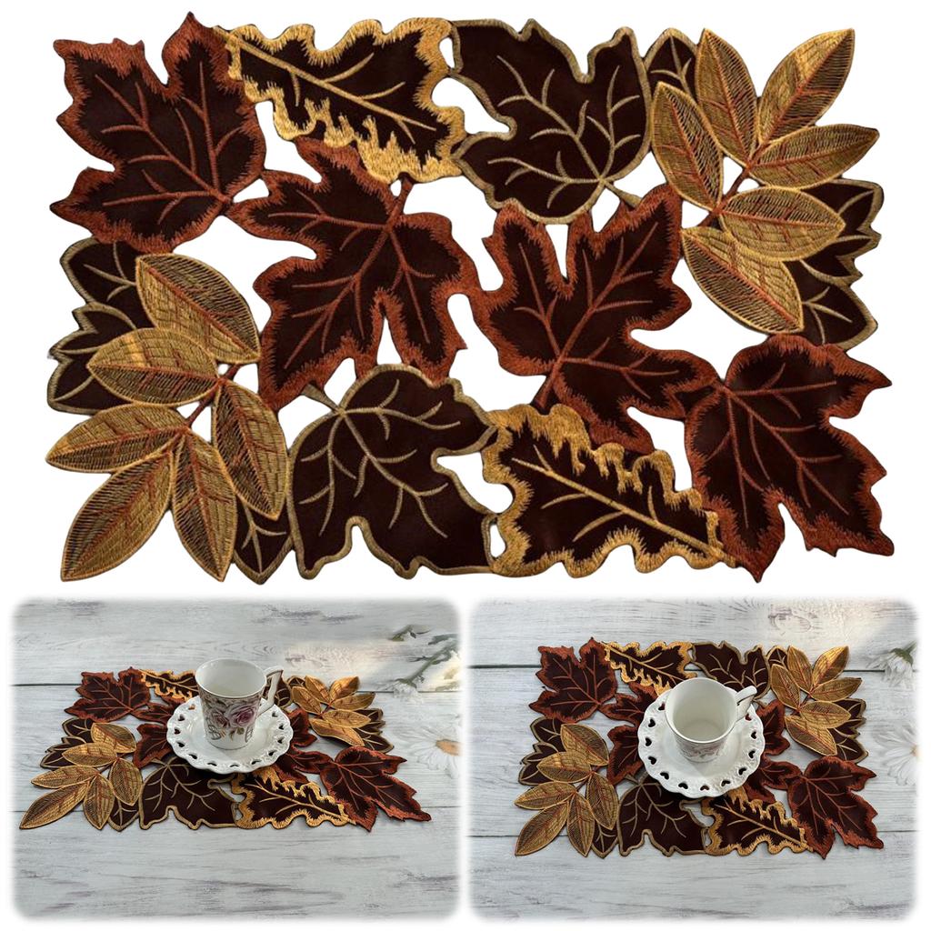 1/4pcs Autumn Maple Leaf Embroidered Table Runner Table Mat Flocked Brown Maple Design Rustic Farmhouse Thanksgiving Harves