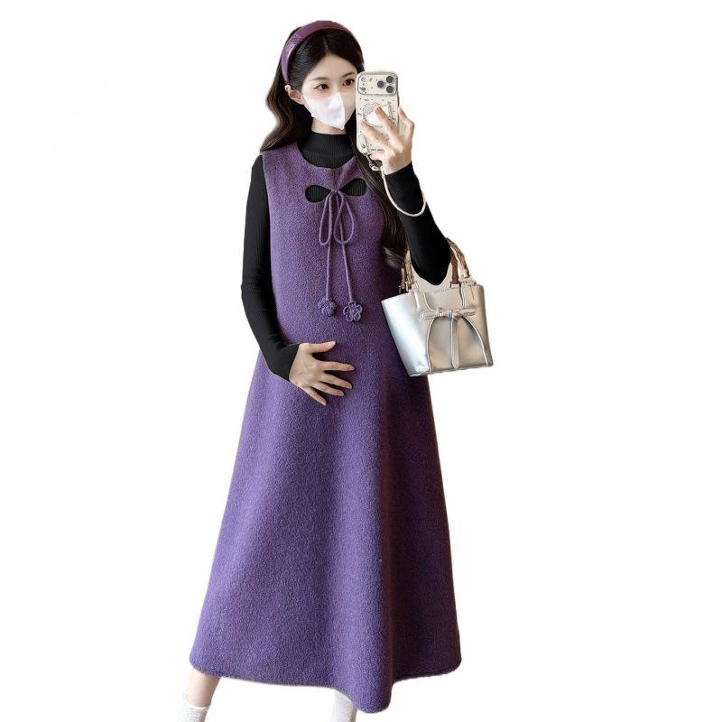 Spring 2026 Gentle Purple Plush Maternity Two-Piece Dress - Korean Style Slim Fit