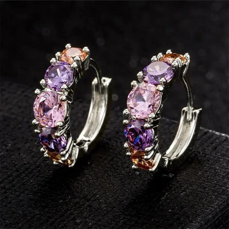 Unique Purple Cubic Zircon Hoop Earrings For Women Luxury Charming Wedding Party Accessories Color Fashion Jewelry