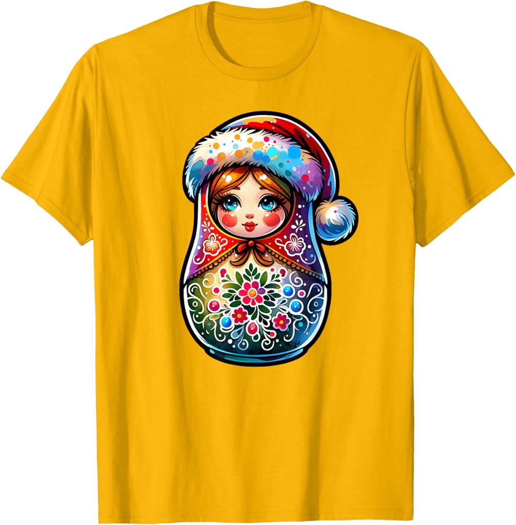 Christmas Matryoshka Doll Graphic Tee Breathable Short Sleeve Casual Round Neck T-Shirt