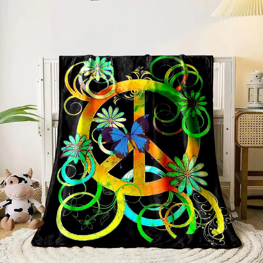 Colorful Peace Sign with Butterfly Design Flannel Blanket for Bedroom, Living Room, Sofa, and Nap Sofas.