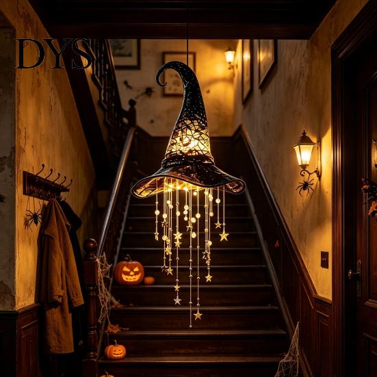Adereços Pendurados para Festa de Halloween Sino de Chapéu de Bruxa Iluminado, Ornamento Oco Brilhante com LED com Ornamentos Assustadores para Entrada Franjas de Estrela, Chapéu de Bruxa,